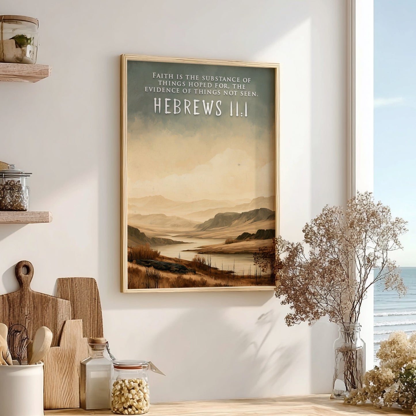 Poster featuring a calm river landscape with the scripture Hebrews 11:1 written above.