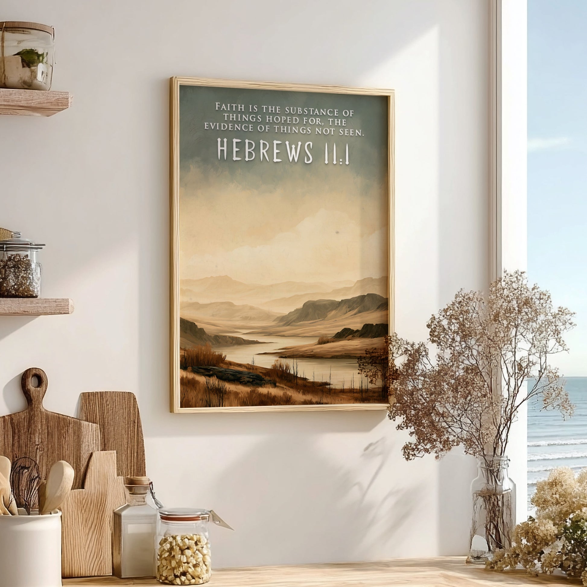 Poster featuring a calm river landscape with the scripture Hebrews 11:1 written above.
