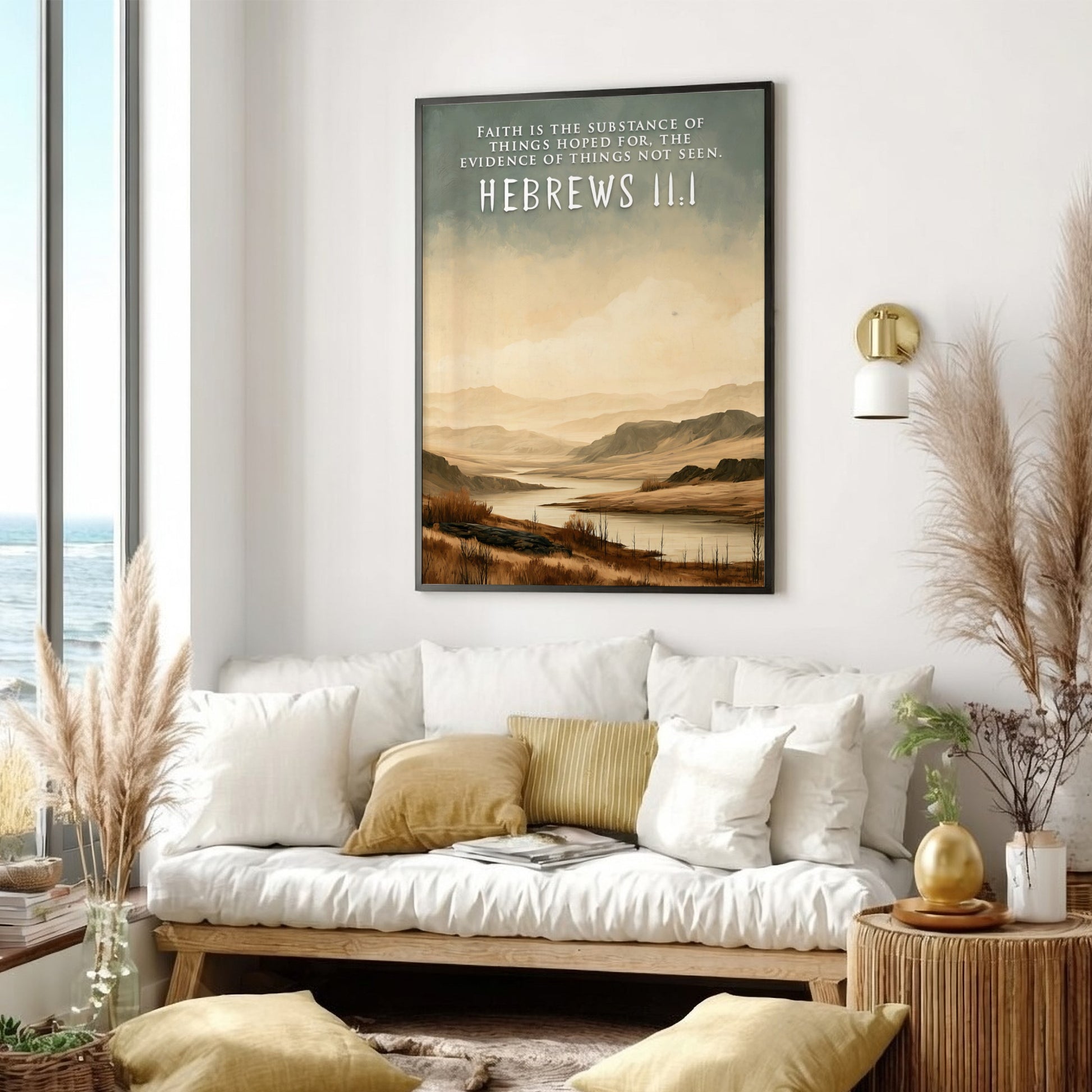Poster featuring a calm river landscape with the scripture Hebrews 11:1 written above.