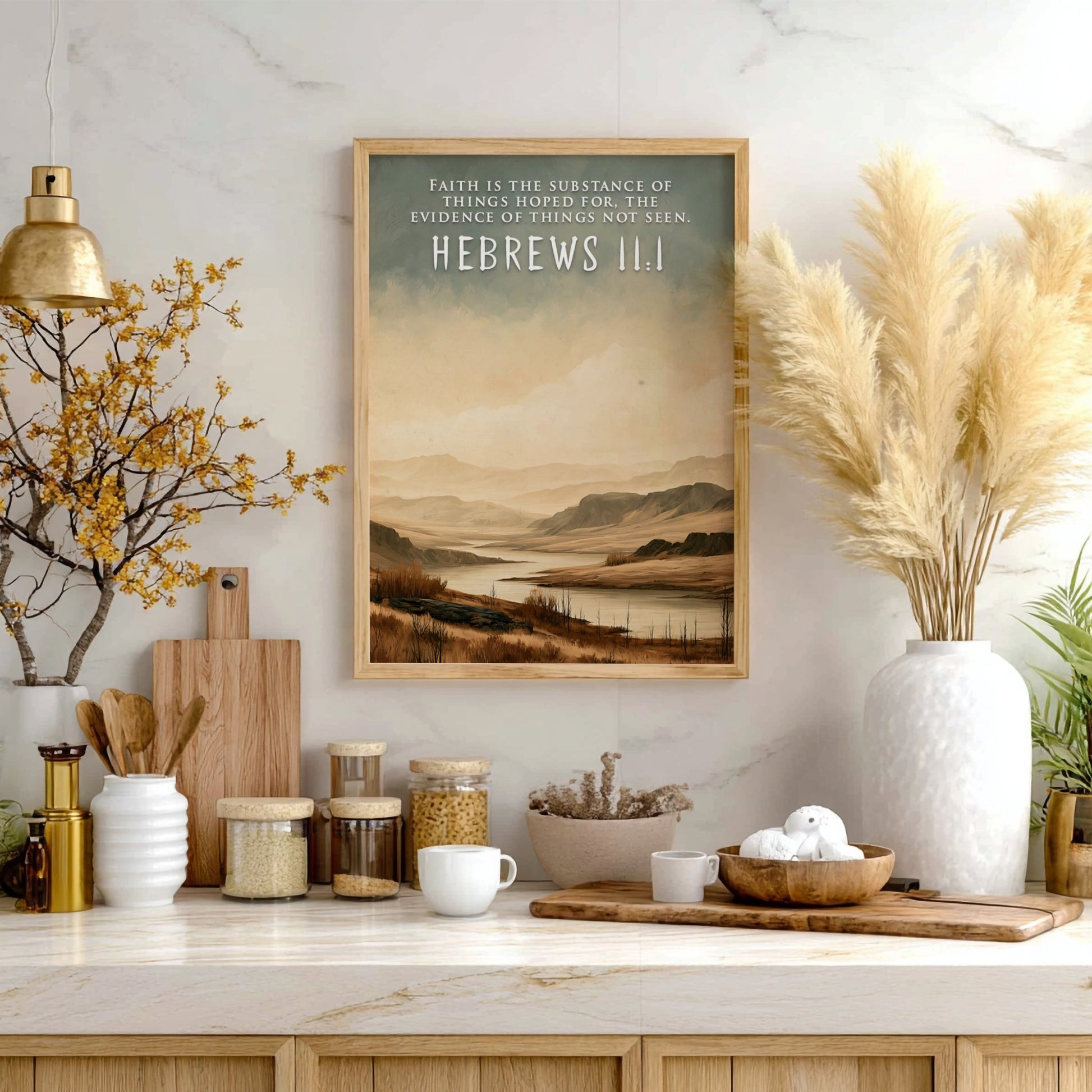 Poster featuring a calm river landscape with the scripture Hebrews 11:1 written above.
