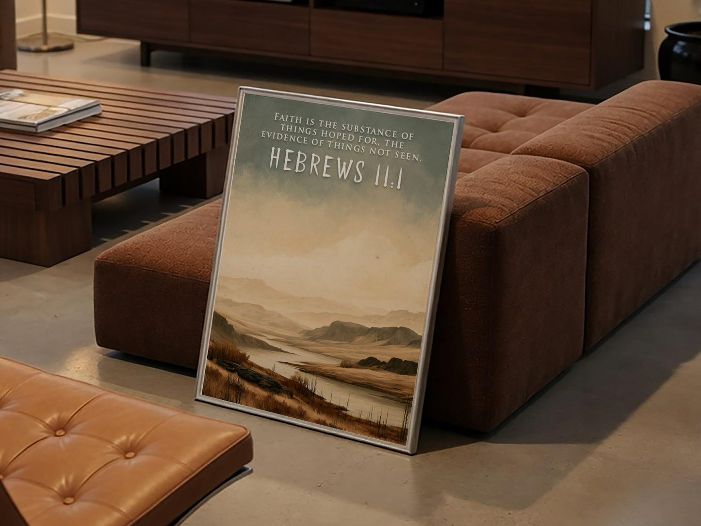 Poster featuring a calm river landscape with the scripture Hebrews 11:1 written above.