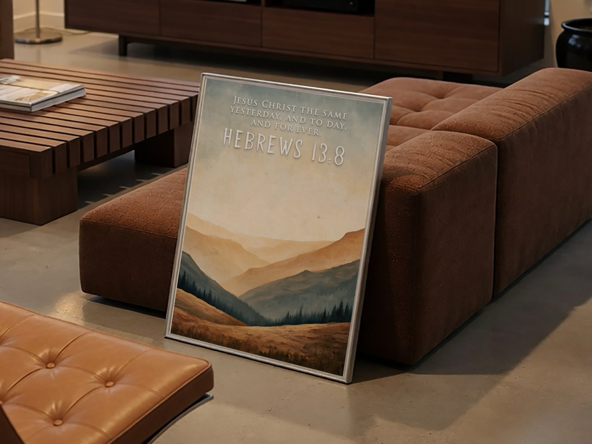 Poster featuring golden mountain silhouettes and the quote Jesus Christ the same yesterday.