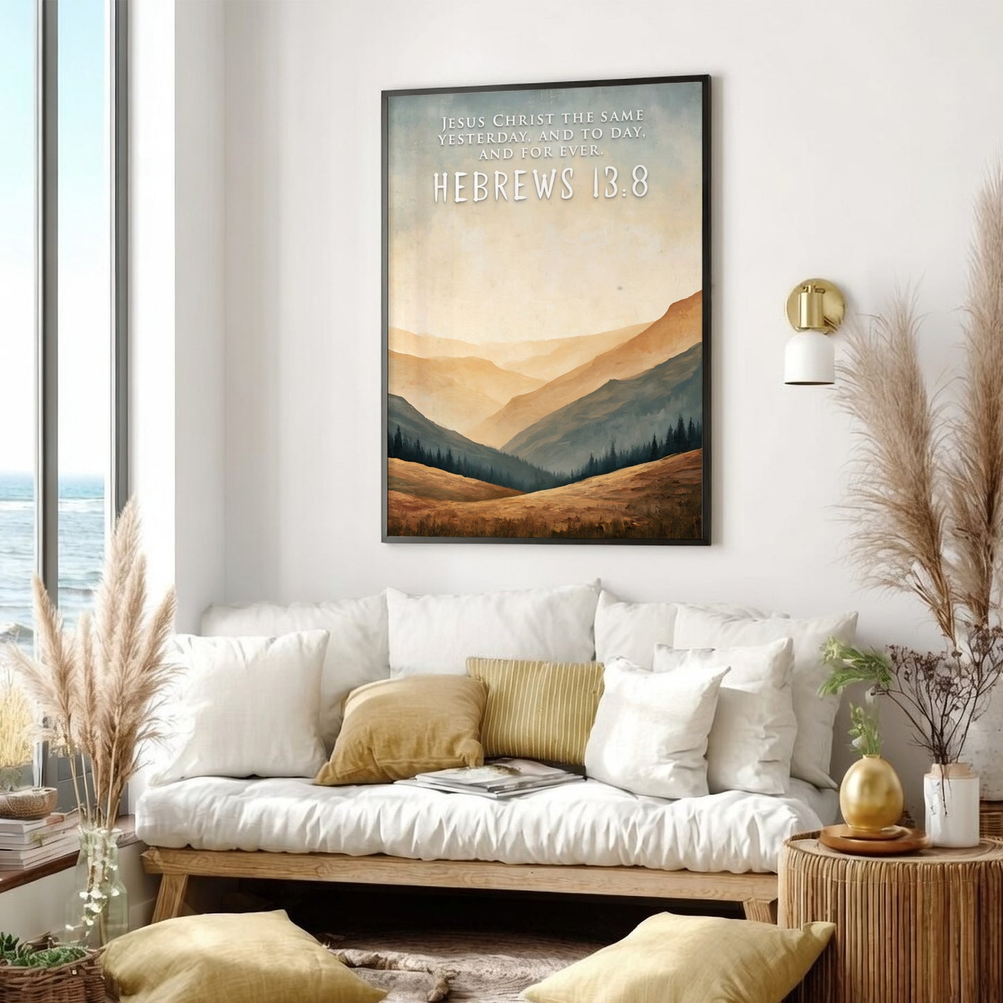 Poster featuring golden mountain silhouettes and the quote Jesus Christ the same yesterday.