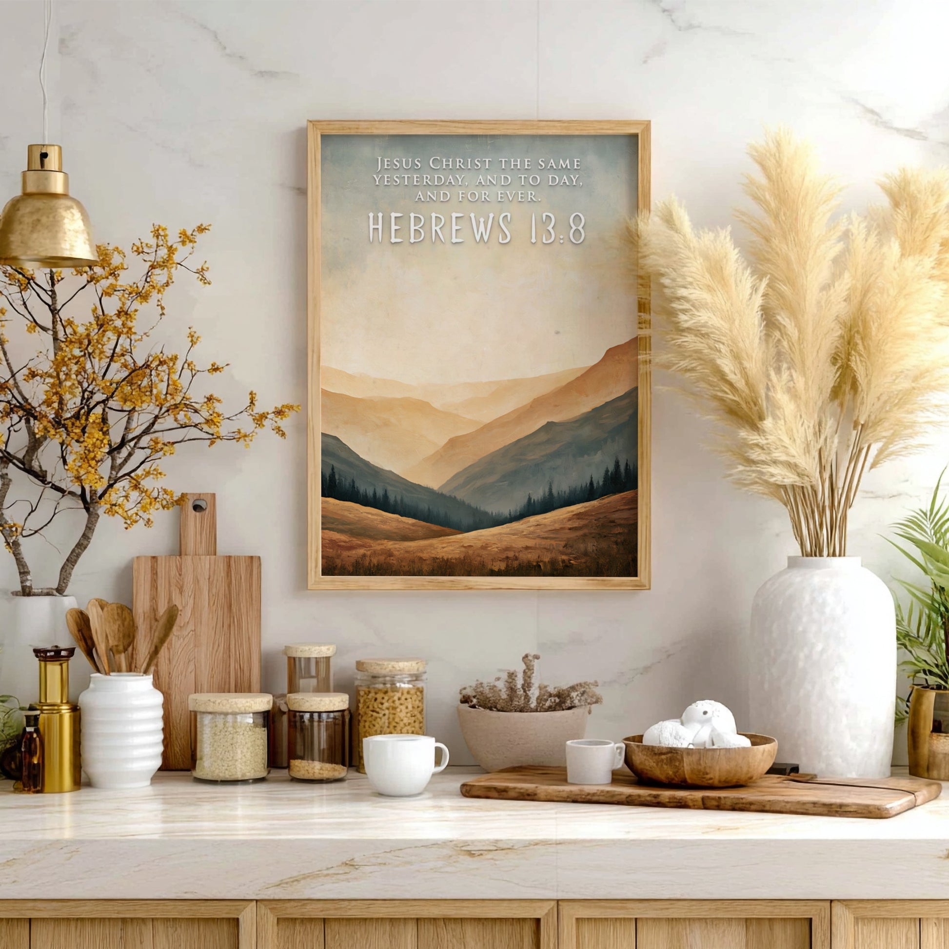 Poster featuring golden mountain silhouettes and the quote Jesus Christ the same yesterday.