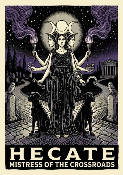 Hecate Greek Mythology Poster featuring a triple-faced goddess with torches and keys, in an illustrative
