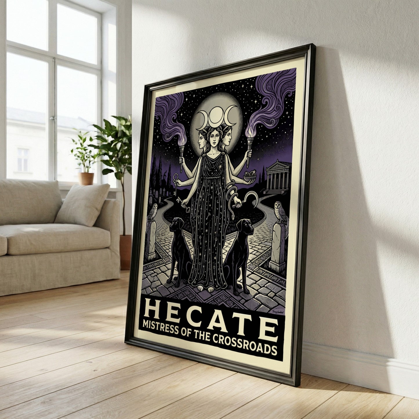 Hecate Greek Mythology Poster featuring a triple-faced goddess with torches and keys, in an illustrative