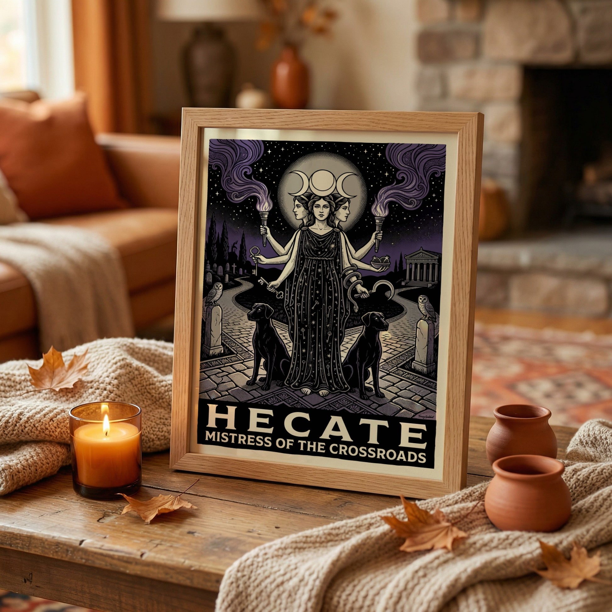 Hecate Greek Mythology Poster featuring a triple-faced goddess with torches and keys, in an illustrative
