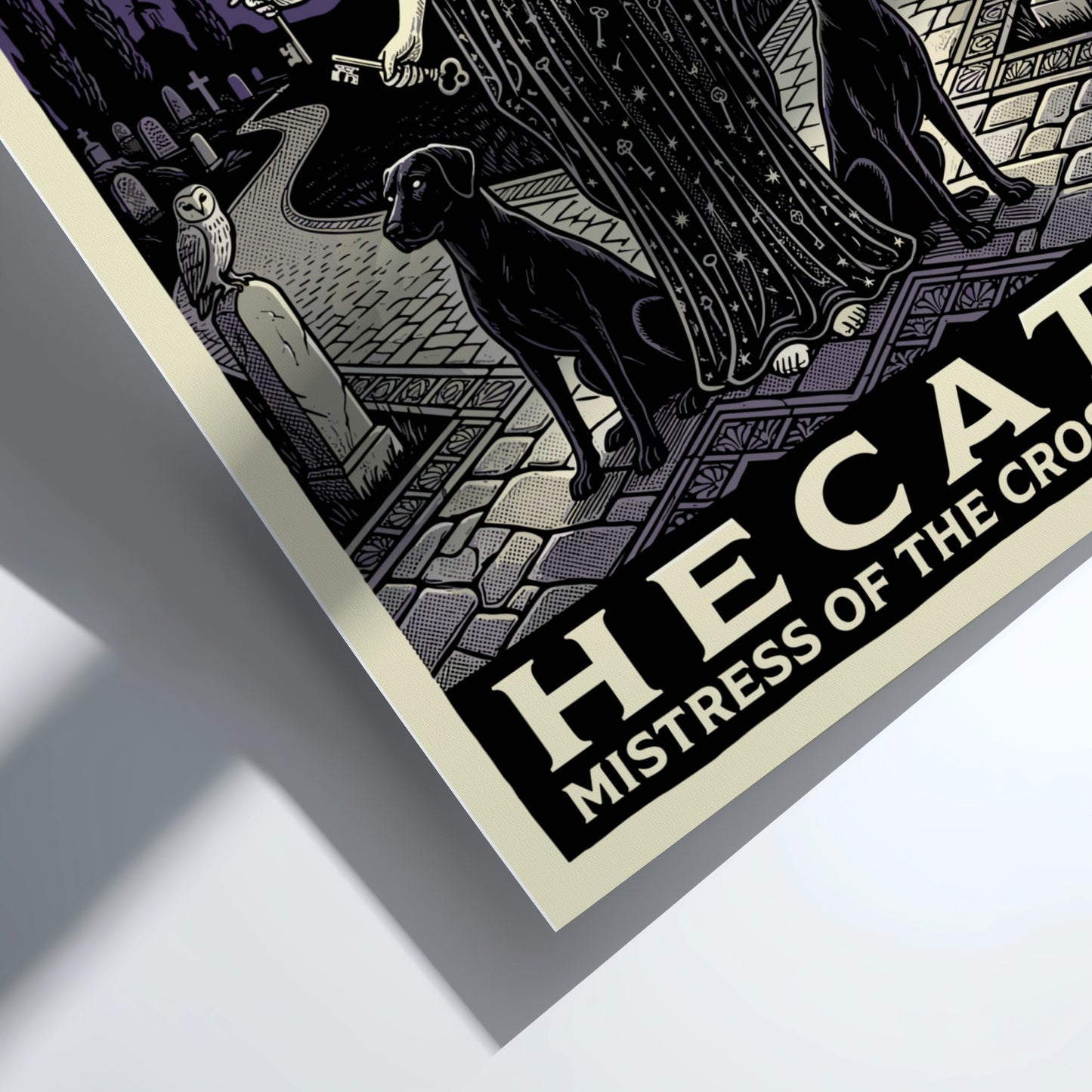 Hecate Greek Mythology Poster featuring a triple-faced goddess with torches and keys, in an illustrative