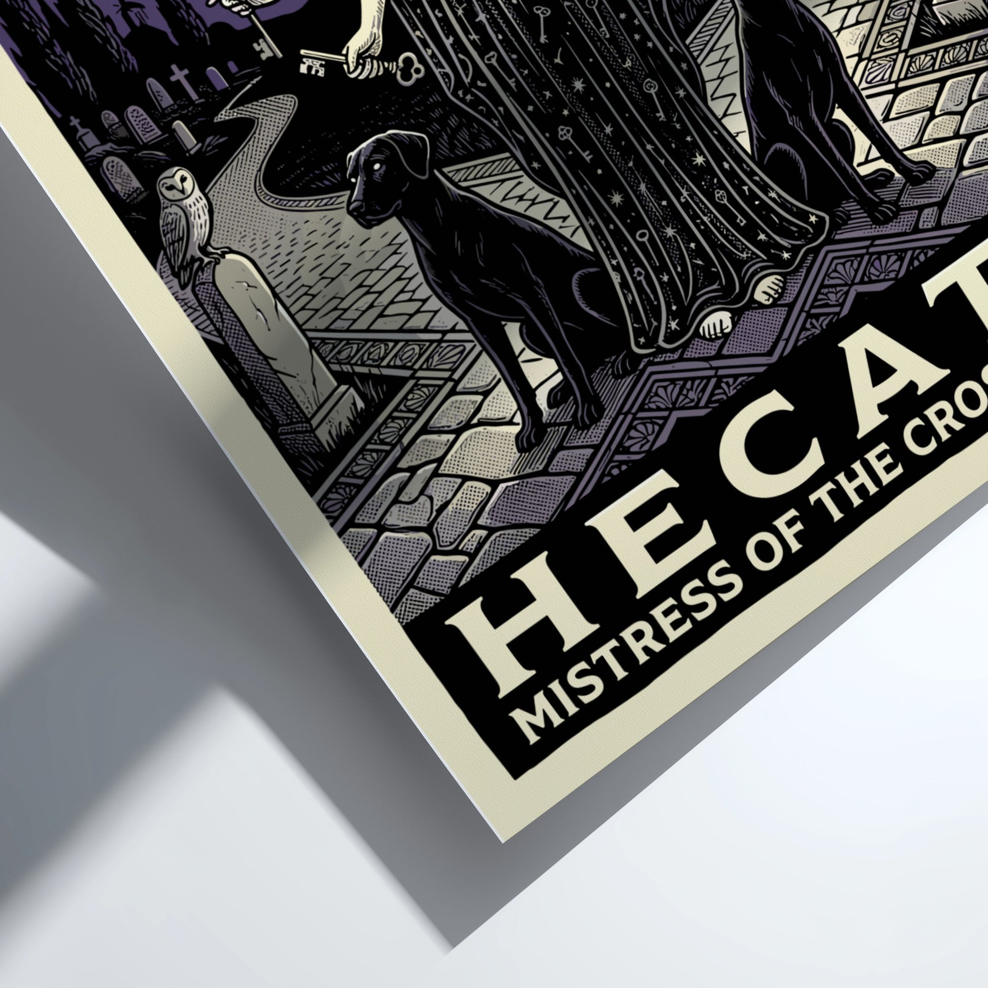 Hecate Greek Mythology Poster featuring a triple-faced goddess with torches and keys, in an illustrative