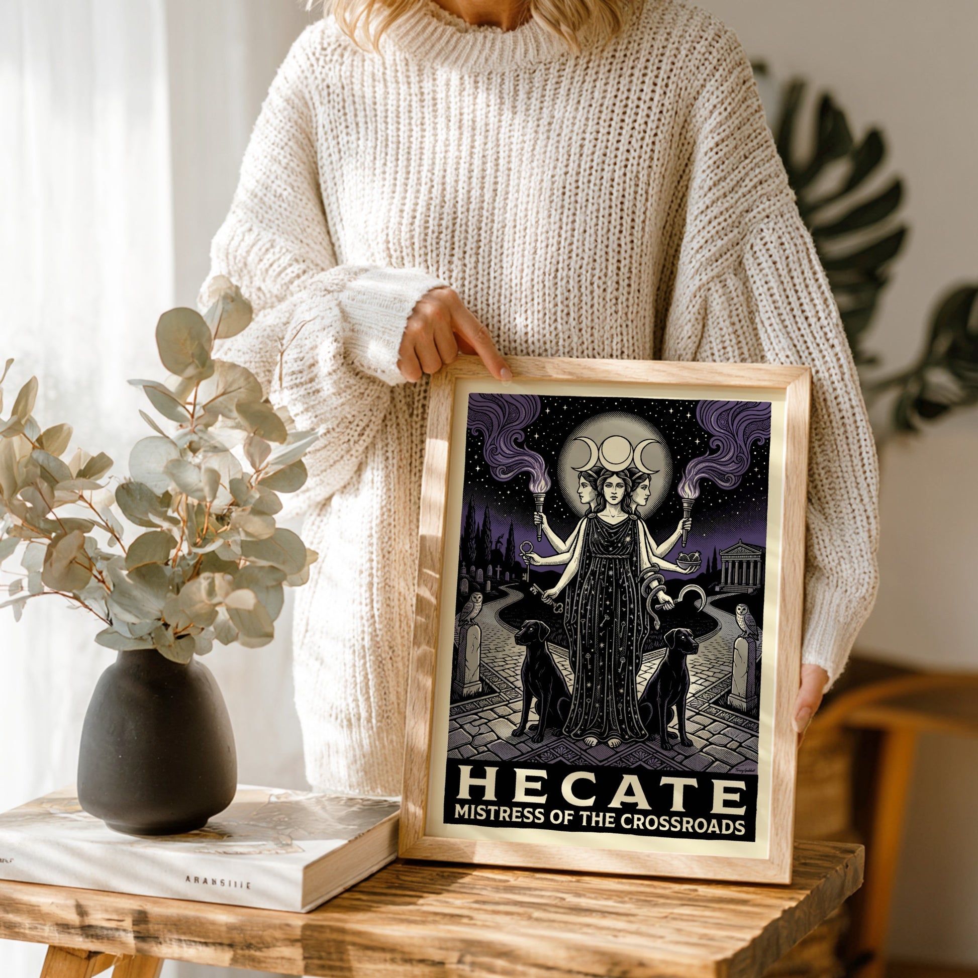 Hecate Greek Mythology Poster featuring a triple-faced goddess with torches and keys, in an illustrative