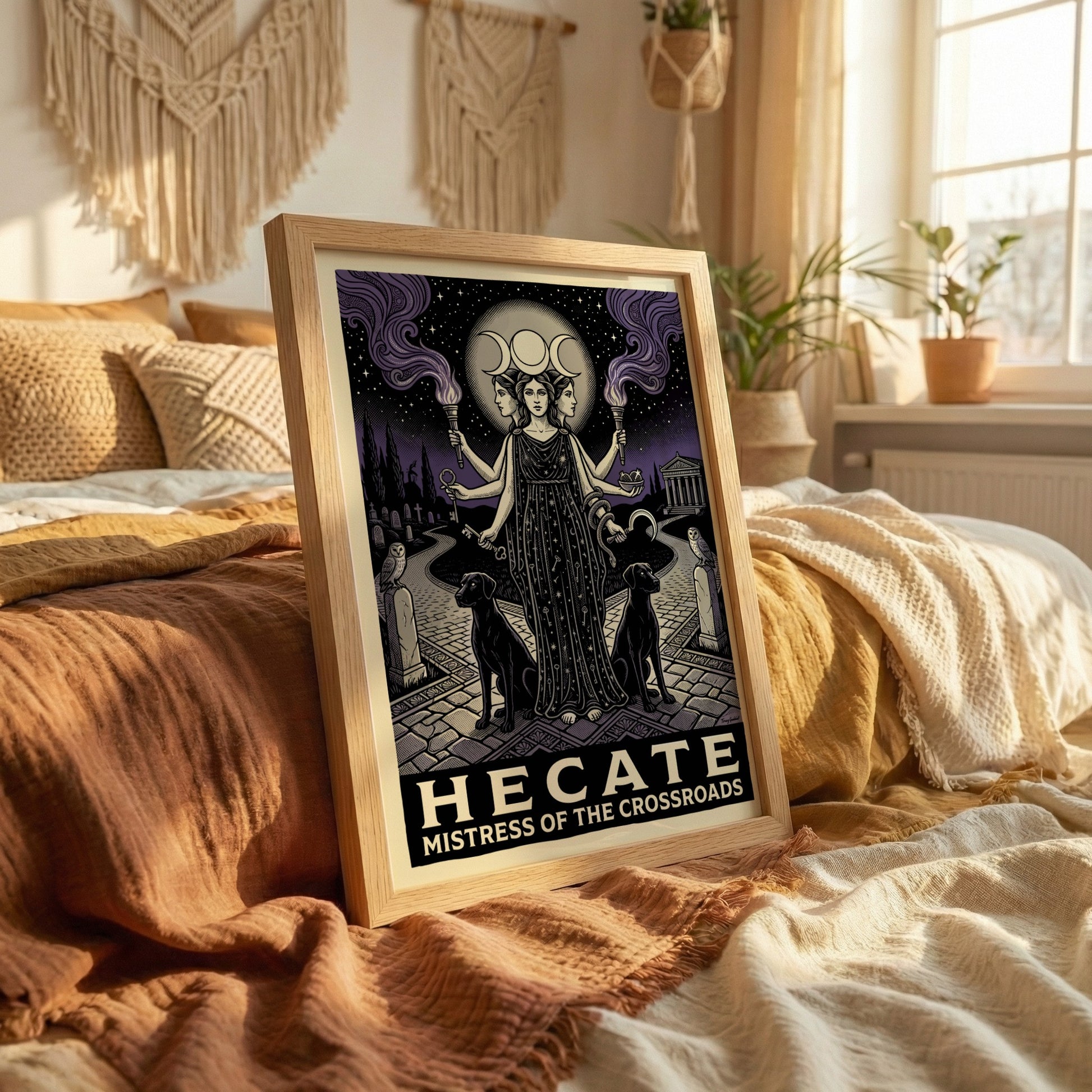 Hecate Greek Mythology Poster featuring a triple-faced goddess with torches and keys, in an illustrative