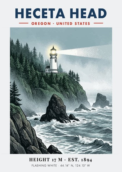 Poster of Heceta Head lighthouse on a rocky Oregon cliff with crashing ocean waves.