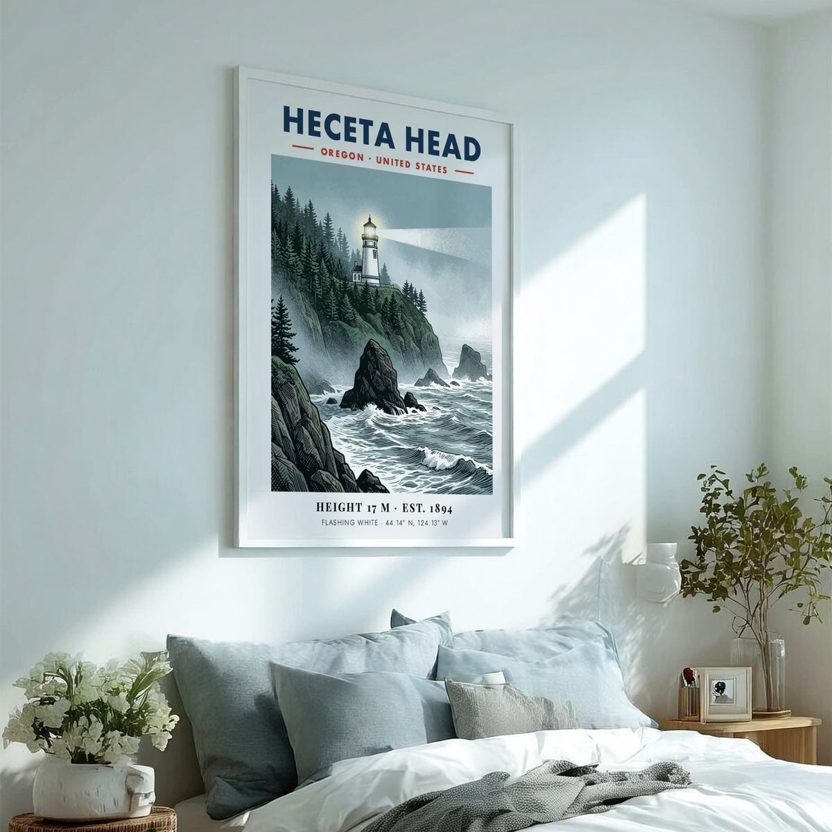 Poster of Heceta Head lighthouse on a rocky Oregon cliff with crashing ocean waves.