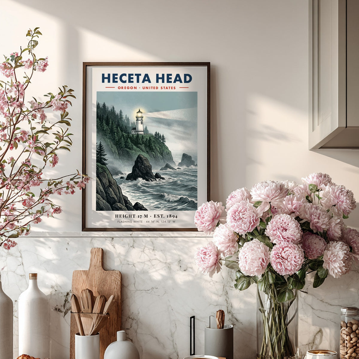 Poster of Heceta Head lighthouse on a rocky Oregon cliff with crashing ocean waves.