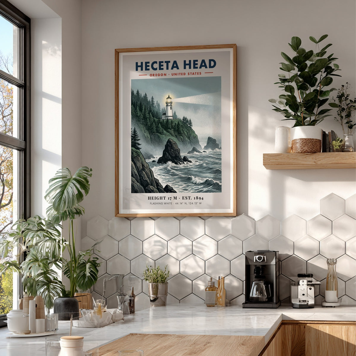 Poster of Heceta Head lighthouse on a rocky Oregon cliff with crashing ocean waves.
