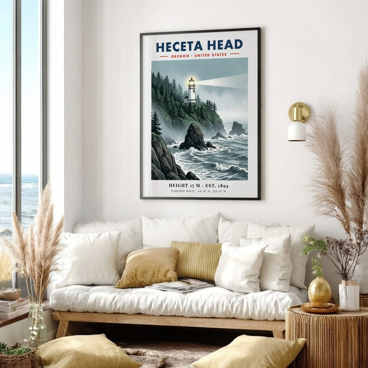 Poster of Heceta Head lighthouse on a rocky Oregon cliff with crashing ocean waves.