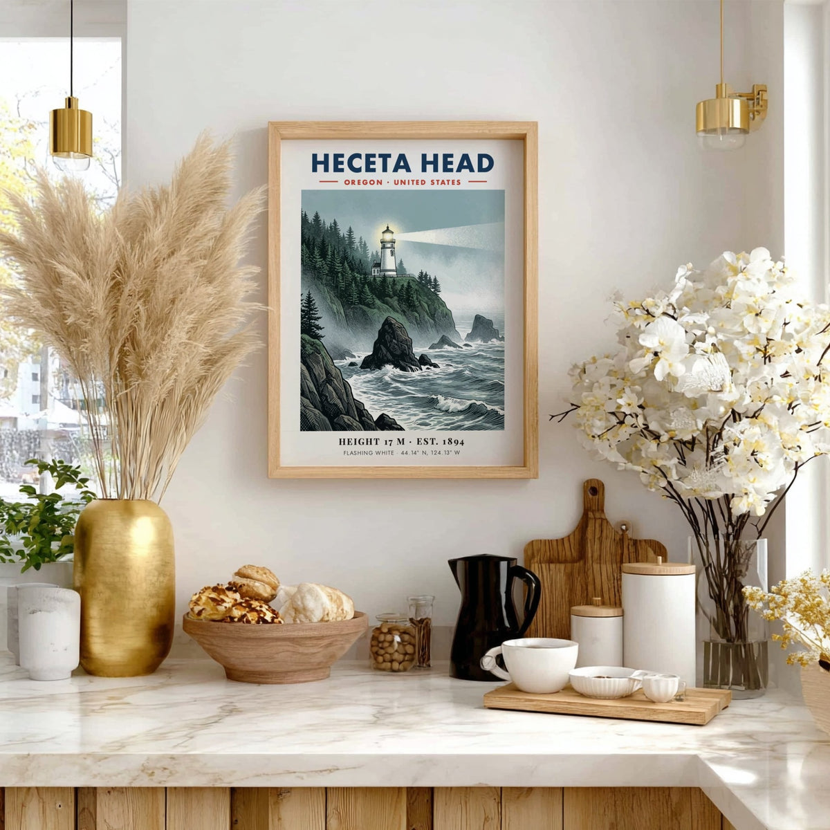 Poster of Heceta Head lighthouse on a rocky Oregon cliff with crashing ocean waves.