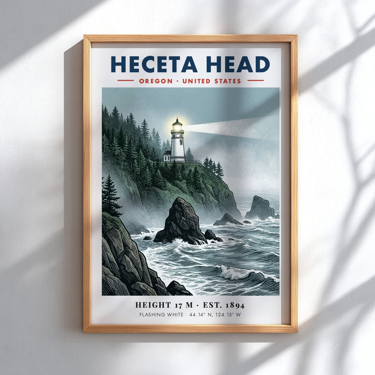 Poster of Heceta Head lighthouse on a rocky Oregon cliff with crashing ocean waves.