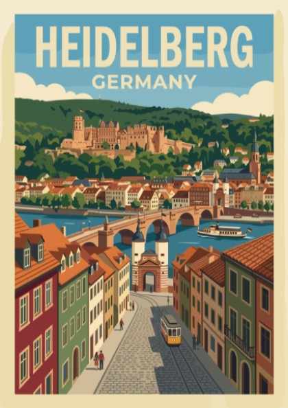 Heidelberg travel poster featuring the castle, old bridge, and yellow tram in Germany.