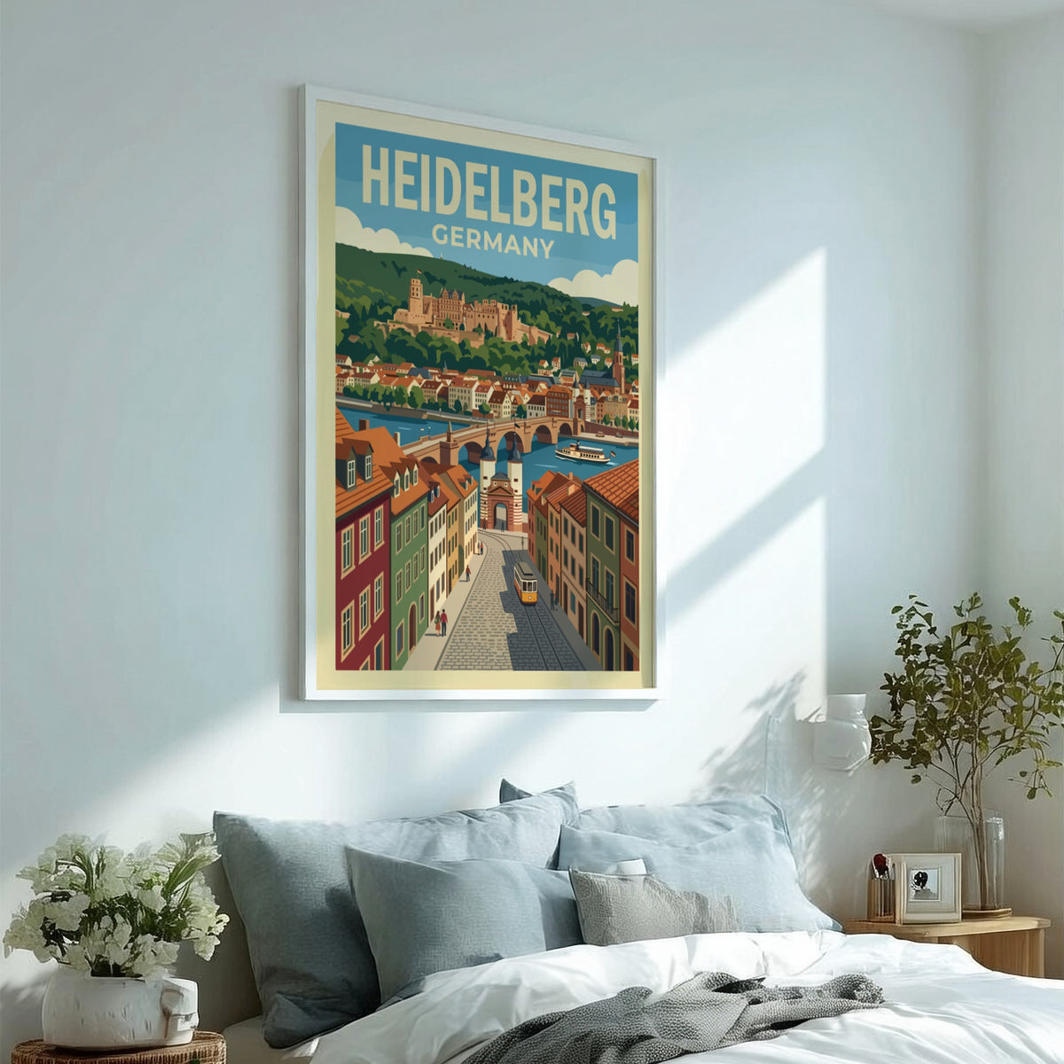 Heidelberg travel poster featuring the castle, old bridge, and yellow tram in Germany.