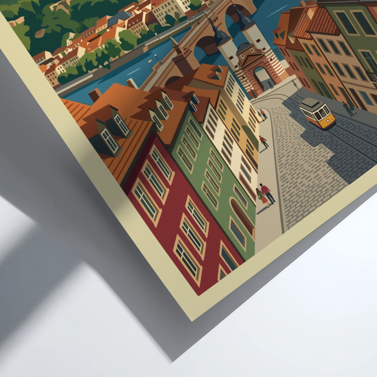 Heidelberg travel poster featuring the castle, old bridge, and yellow tram in Germany.