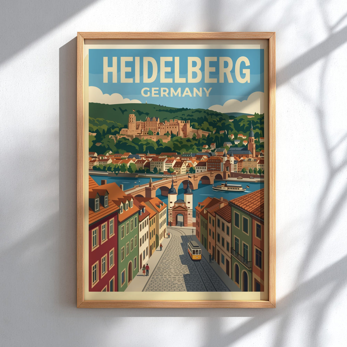 Heidelberg travel poster featuring the castle, old bridge, and yellow tram in Germany.