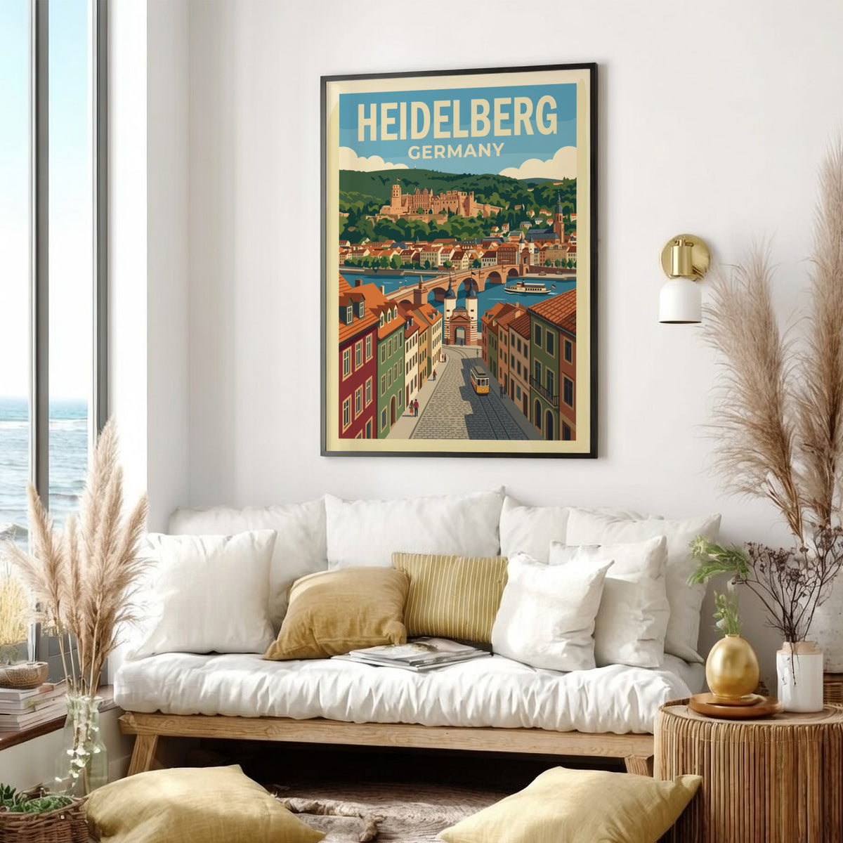 Heidelberg travel poster featuring the castle, old bridge, and yellow tram in Germany.