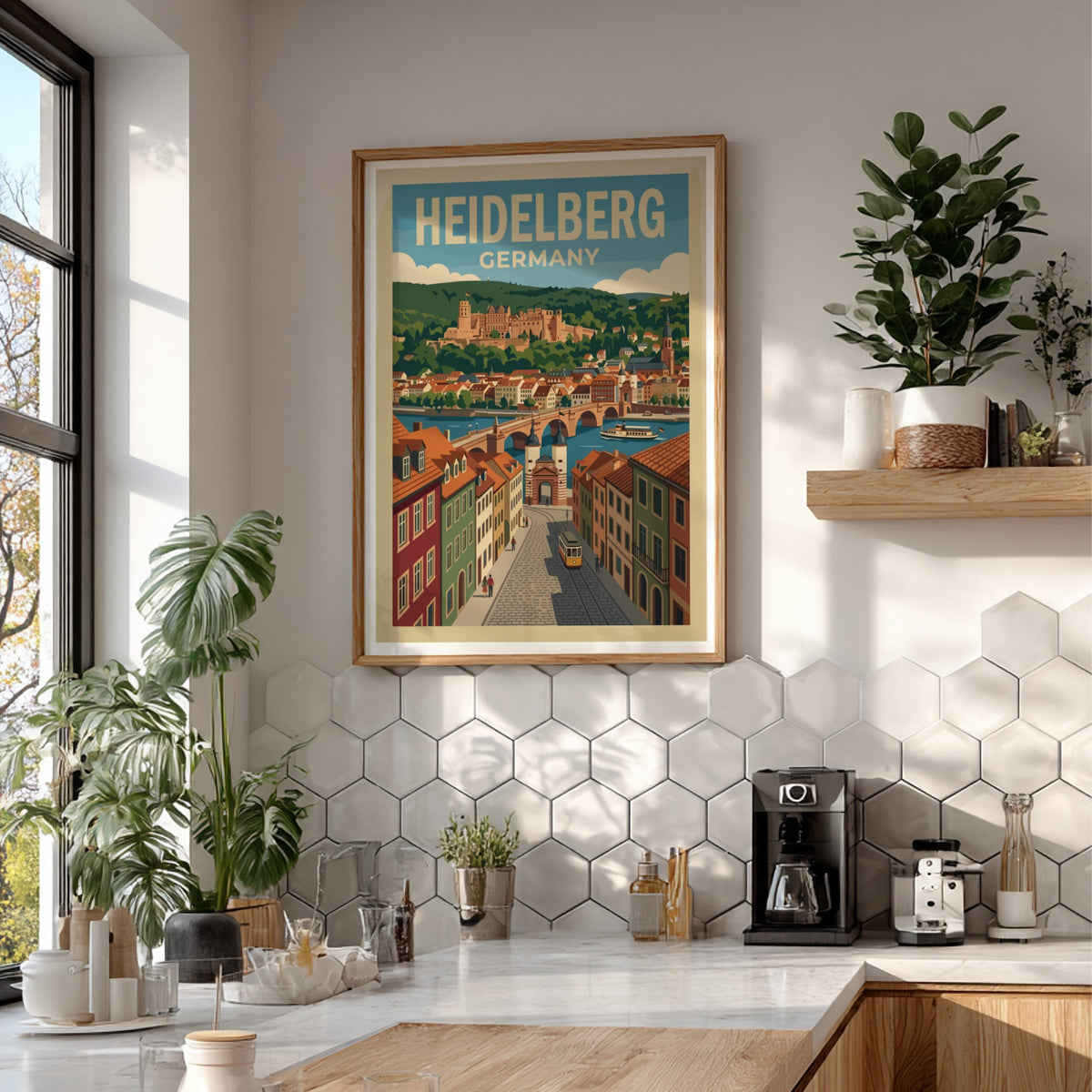 Heidelberg travel poster featuring the castle, old bridge, and yellow tram in Germany.