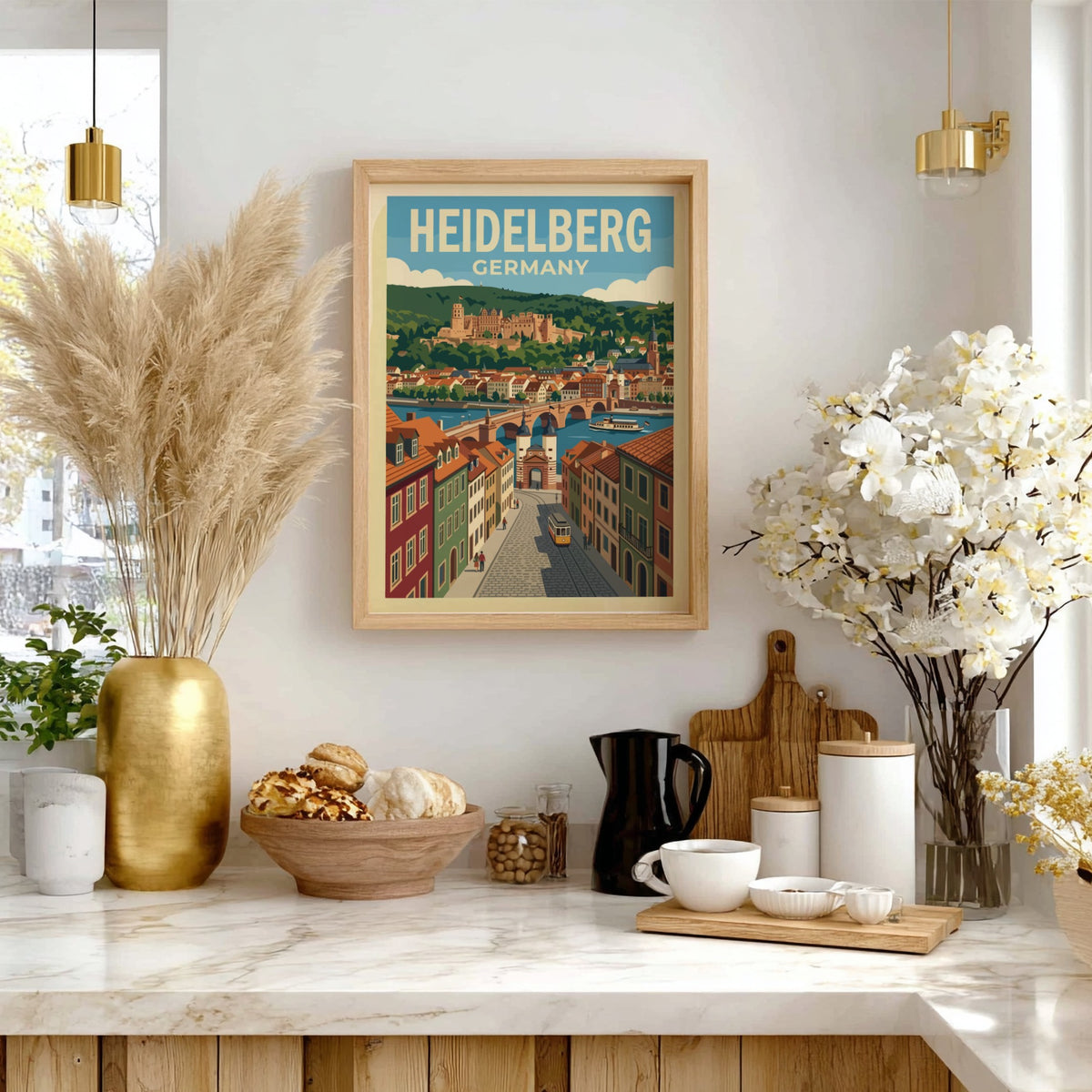 Heidelberg travel poster featuring the castle, old bridge, and yellow tram in Germany.