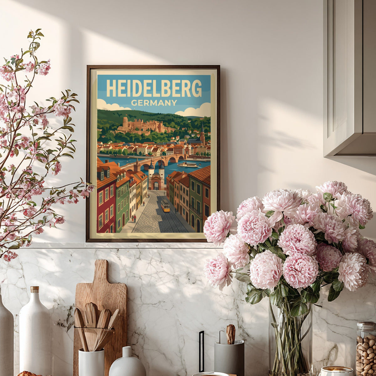 Heidelberg travel poster featuring the castle, old bridge, and yellow tram in Germany.