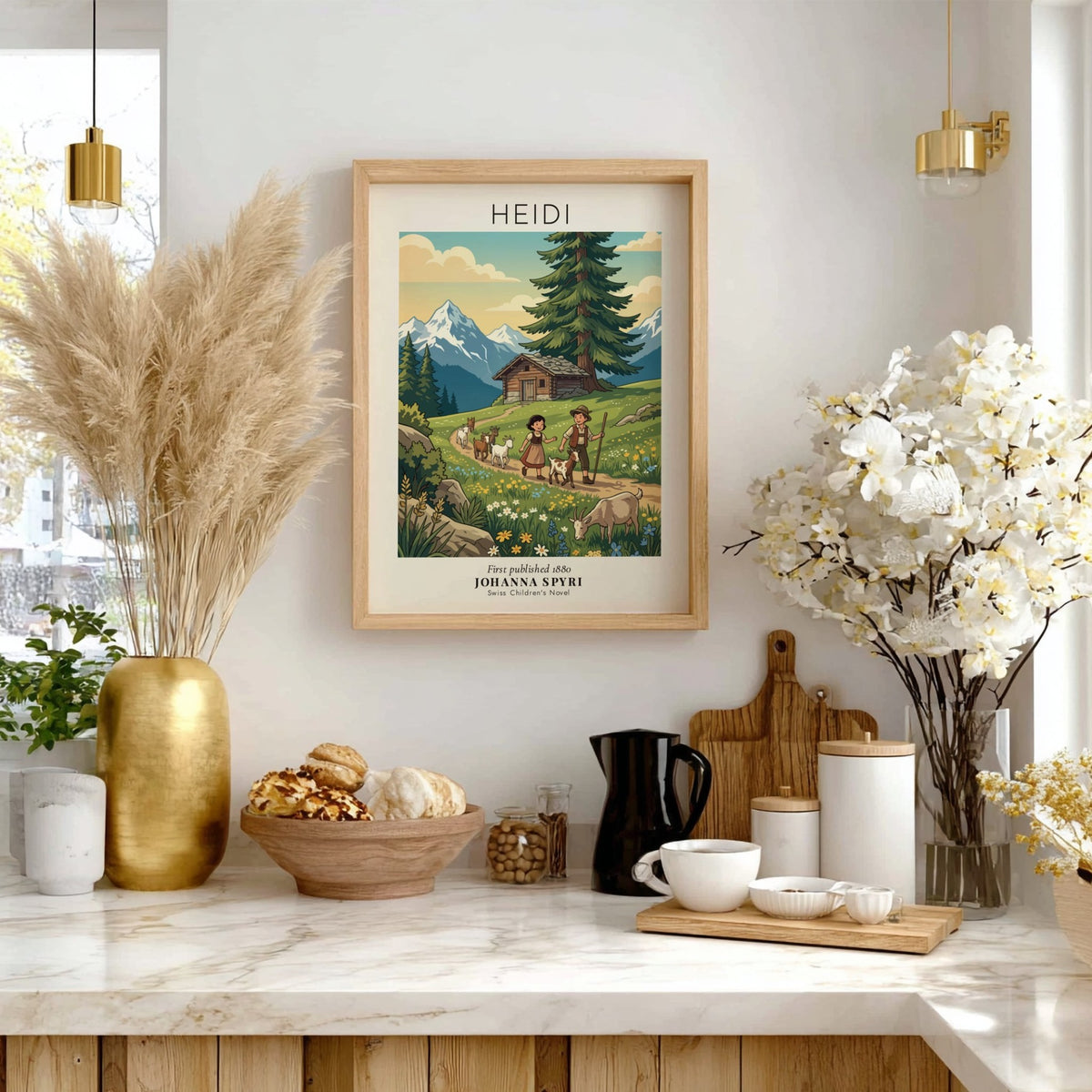 Poster featuring Heidi and Peter walking with goats through an alpine wildflower meadow
