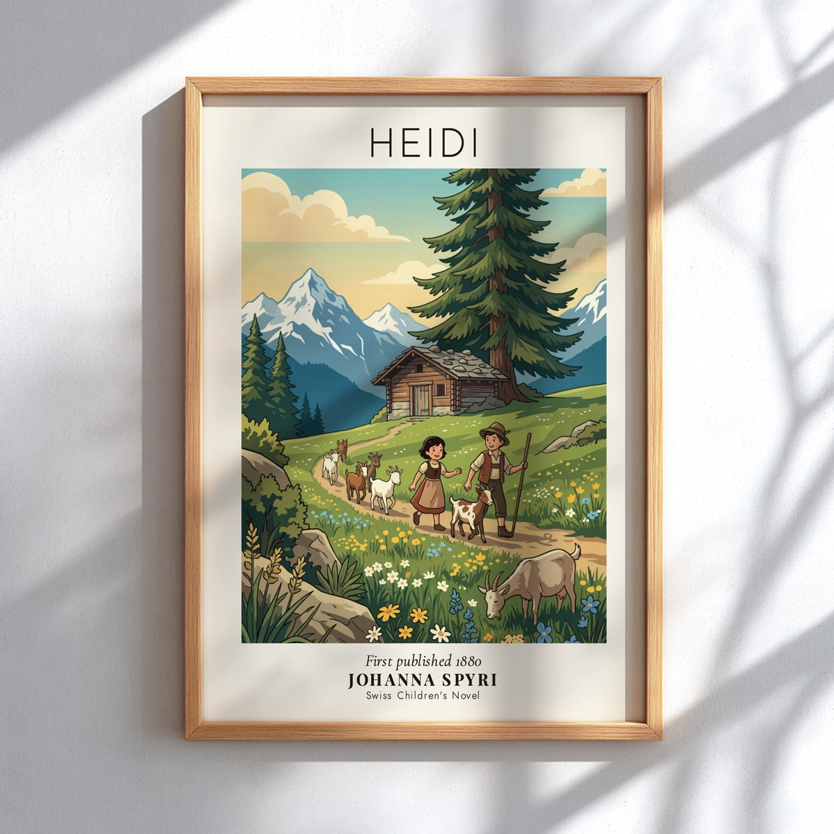 Poster featuring Heidi and Peter walking with goats through an alpine wildflower meadow