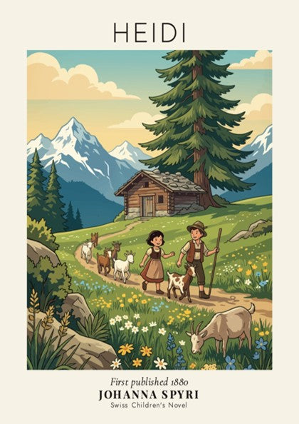 Poster featuring Heidi and Peter walking with goats through an alpine wildflower meadow