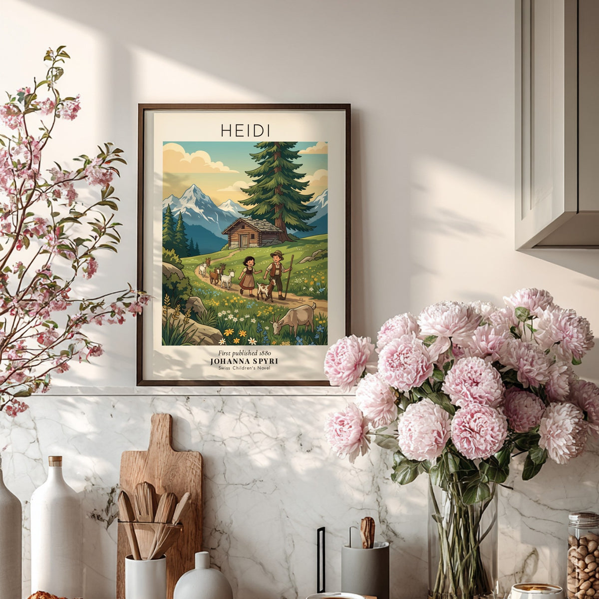 Poster featuring Heidi and Peter walking with goats through an alpine wildflower meadow