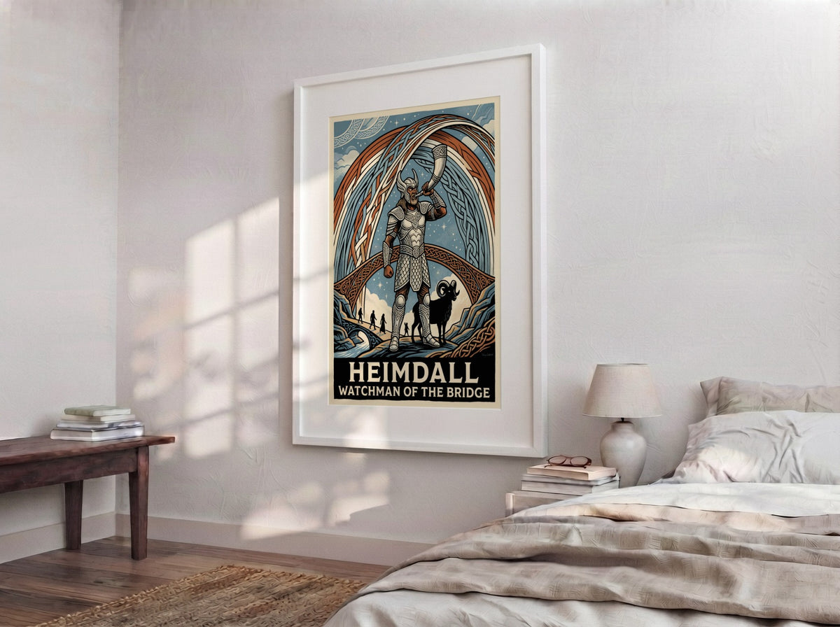 Poster of Heimdall, the Norse god, standing guard at the rainbow bridge with ram.