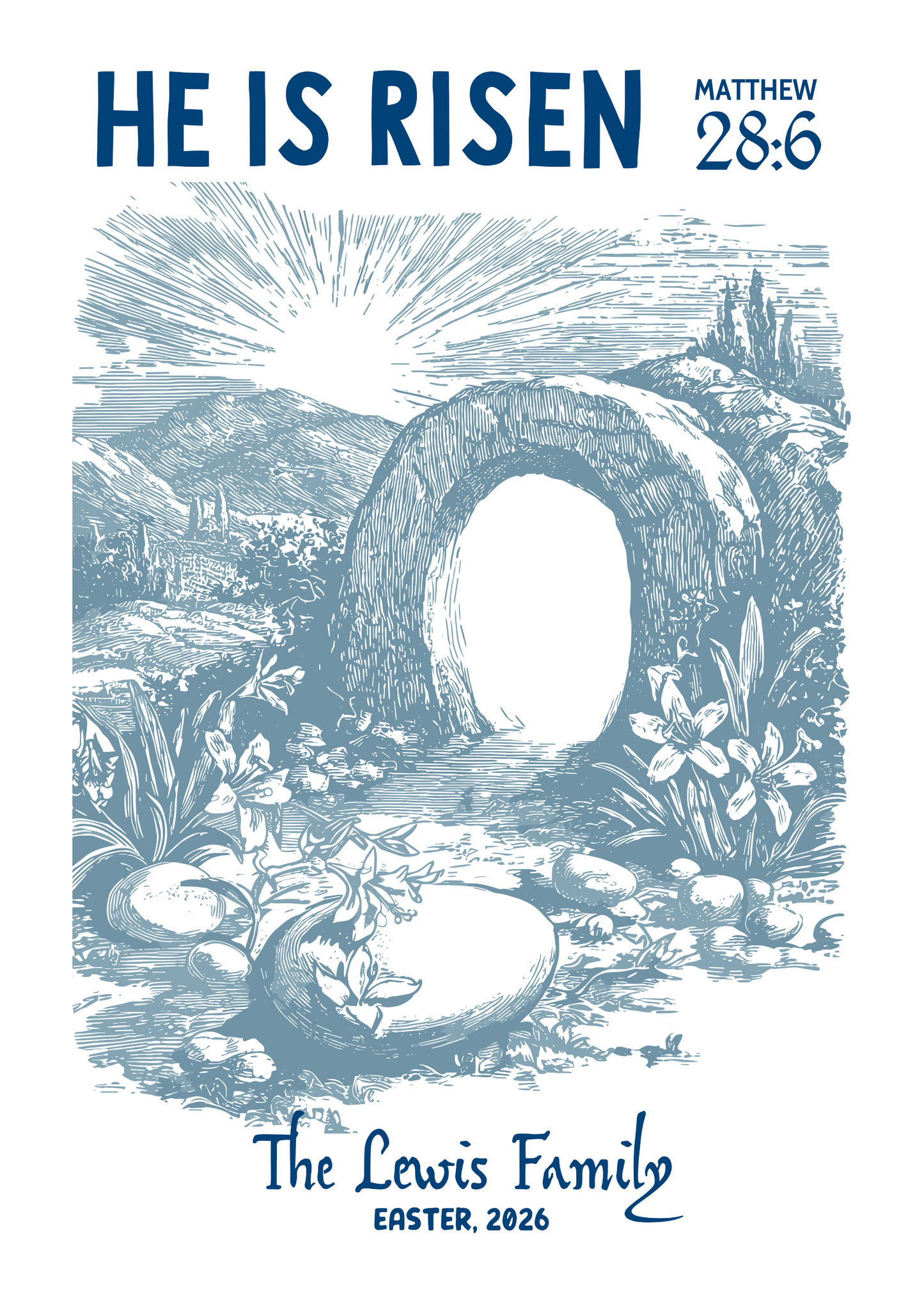 He is risen, Matthew 28:6. Personalised family poster