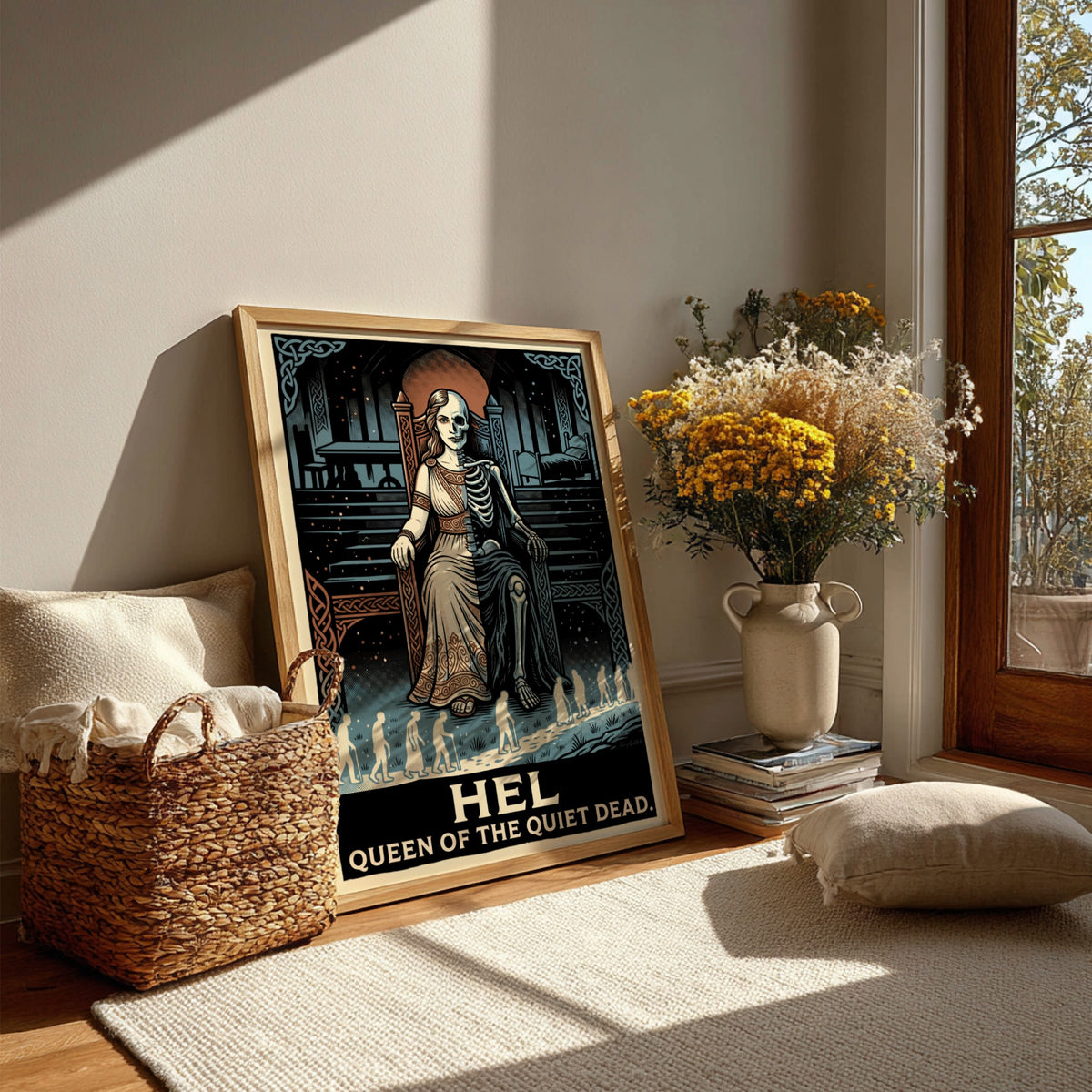 Hel Queen of the Quiet Dead poster showing a half-skeletal goddess on a throne
