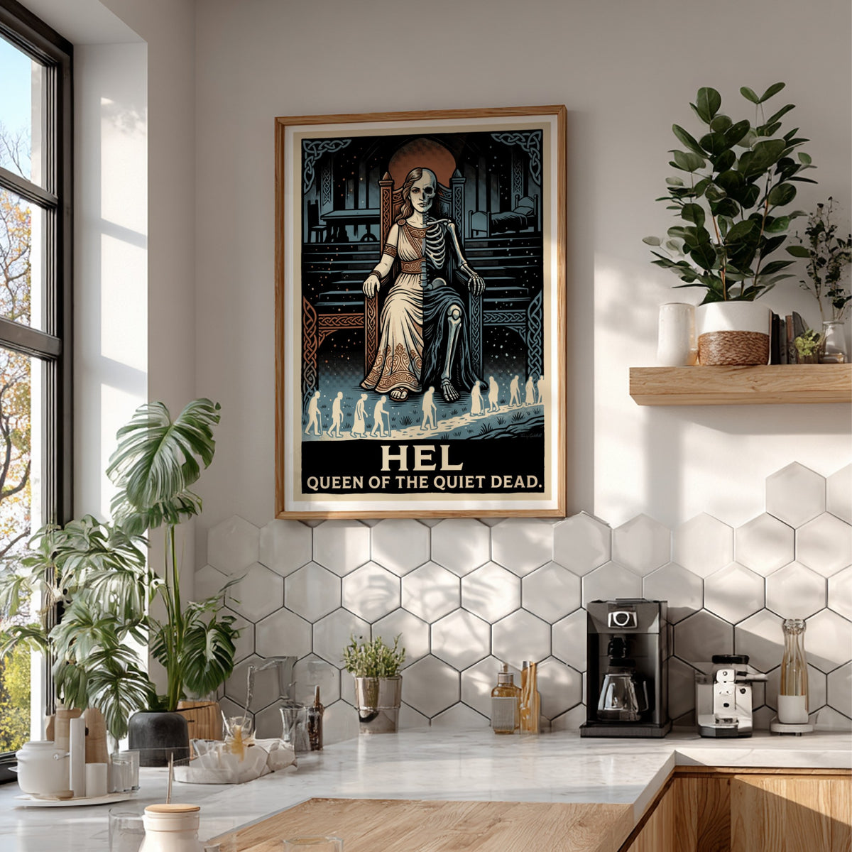 Hel Queen of the Quiet Dead poster showing a half-skeletal goddess on a throne