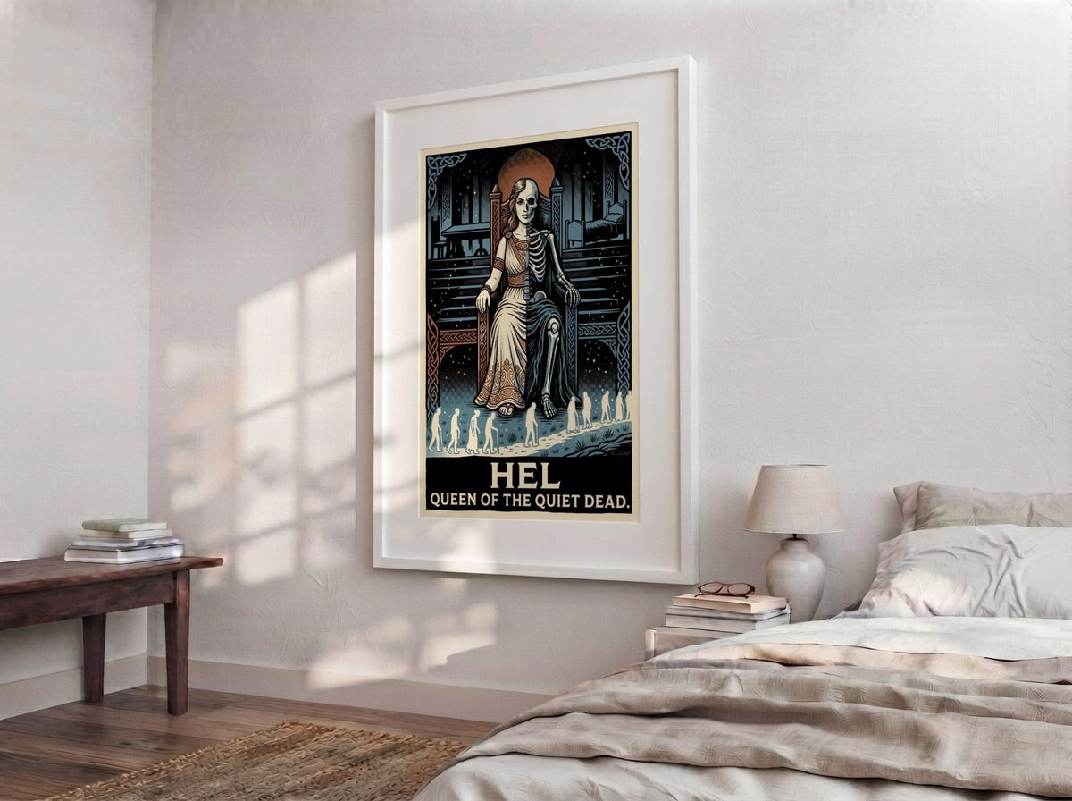 Hel Queen of the Quiet Dead poster showing a half-skeletal goddess on a throne