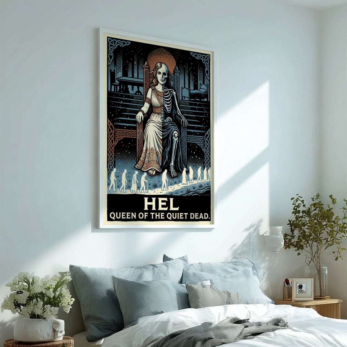 Hel Queen of the Quiet Dead poster showing a half-skeletal goddess on a throne