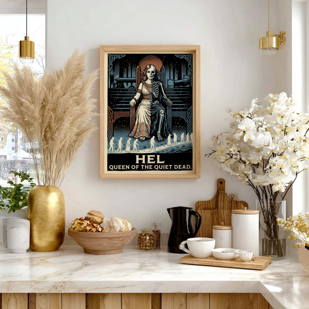 Hel Queen of the Quiet Dead poster showing a half-skeletal goddess on a throne