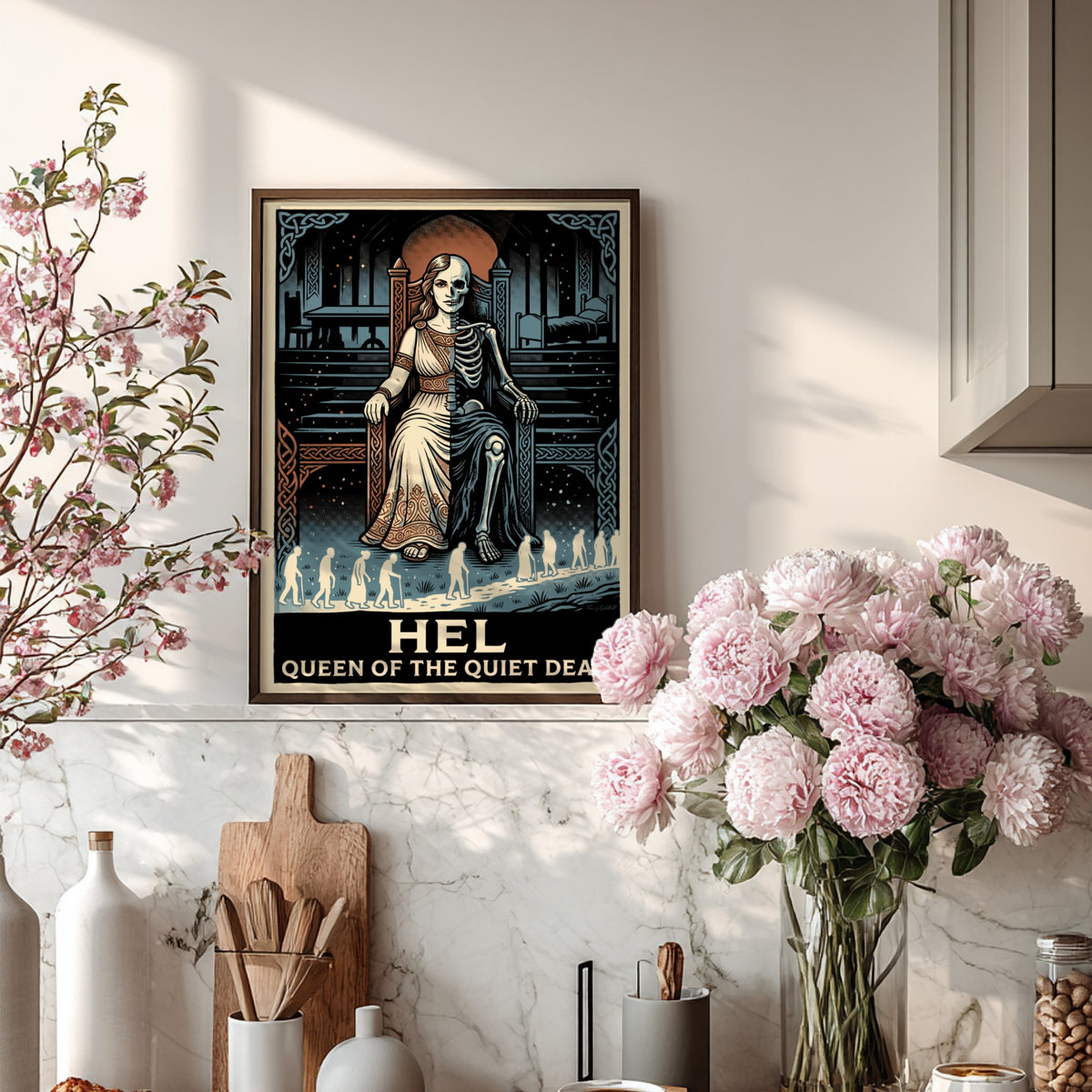 Hel Queen of the Quiet Dead poster showing a half-skeletal goddess on a throne