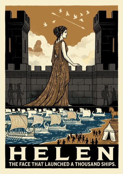 Helen of Troy poster, Greek mythology art, featuring a woman on a castle wall overlooking ships. Earthy tones.