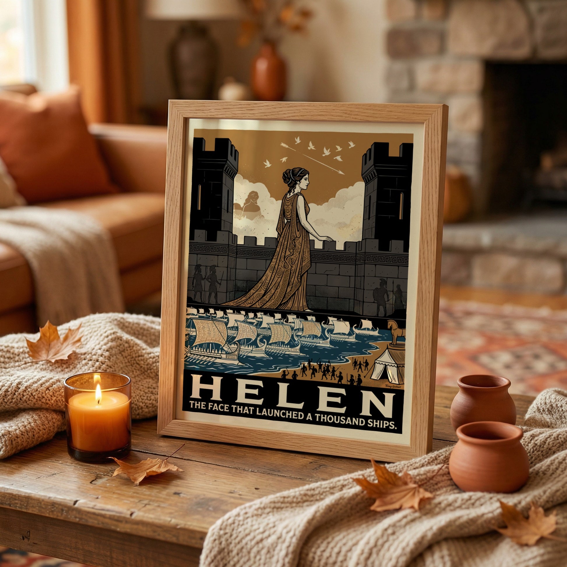 Helen of Troy poster, Greek mythology art, featuring a woman on a castle wall overlooking ships. Earthy tones.