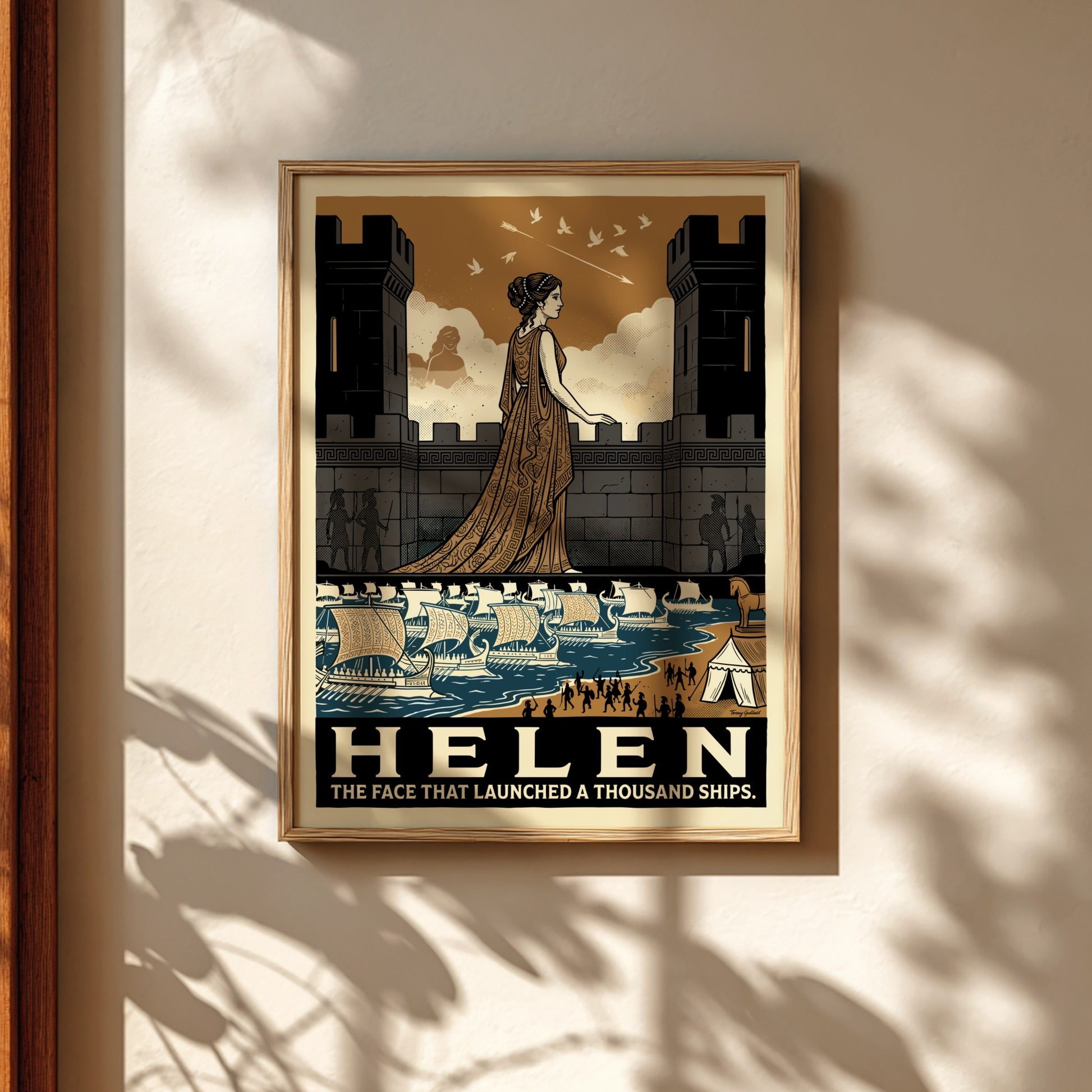 Helen of Troy poster, Greek mythology art, featuring a woman on a castle wall overlooking ships. Earthy tones.