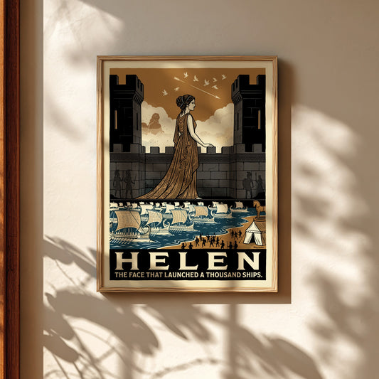 Helen of Troy poster, Greek mythology art, featuring a woman on a castle wall overlooking ships. Earthy tones.