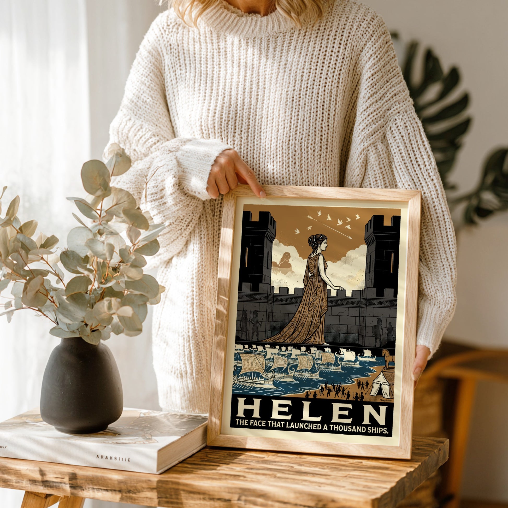 Helen of Troy poster, Greek mythology art, featuring a woman on a castle wall overlooking ships. Earthy tones.