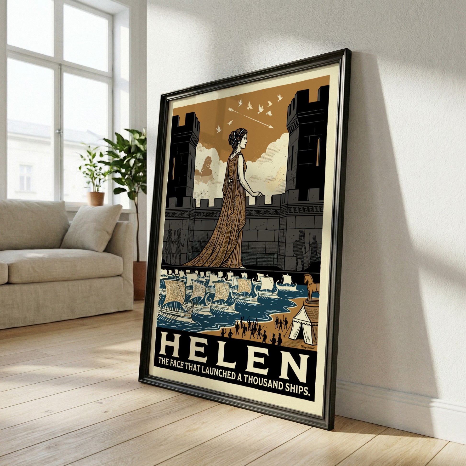 Helen of Troy poster, Greek mythology art, featuring a woman on a castle wall overlooking ships. Earthy tones.