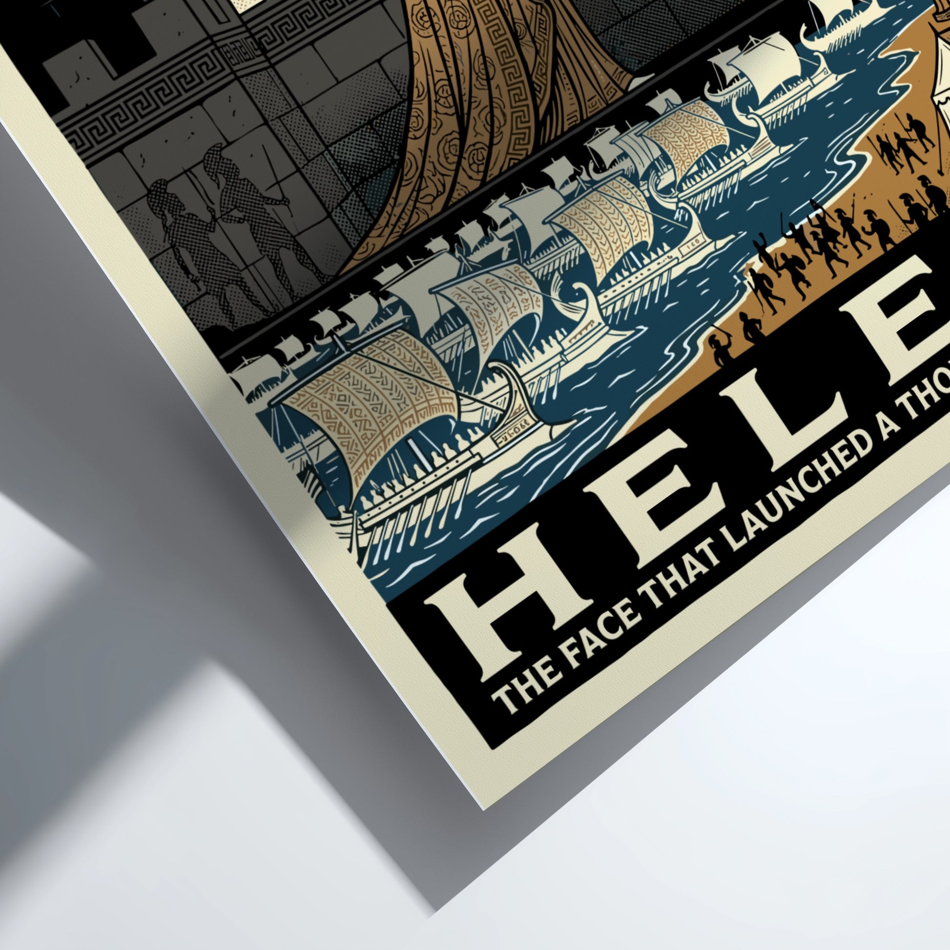 Helen of Troy poster, Greek mythology art, featuring a woman on a castle wall overlooking ships. Earthy tones.