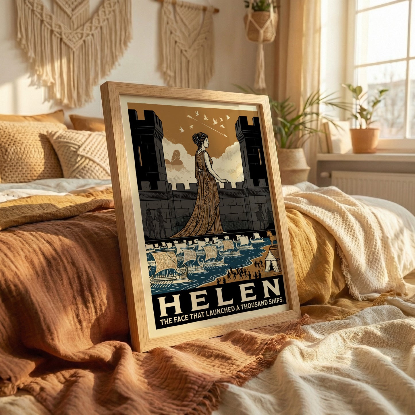 Helen of Troy poster, Greek mythology art, featuring a woman on a castle wall overlooking ships. Earthy tones.